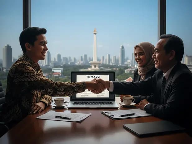Tim profesional sedang berdiskusi tentang bisnis dengan laptop menampilkan logo Tomazz, dengan latar belakang pemandangan kota Jakarta